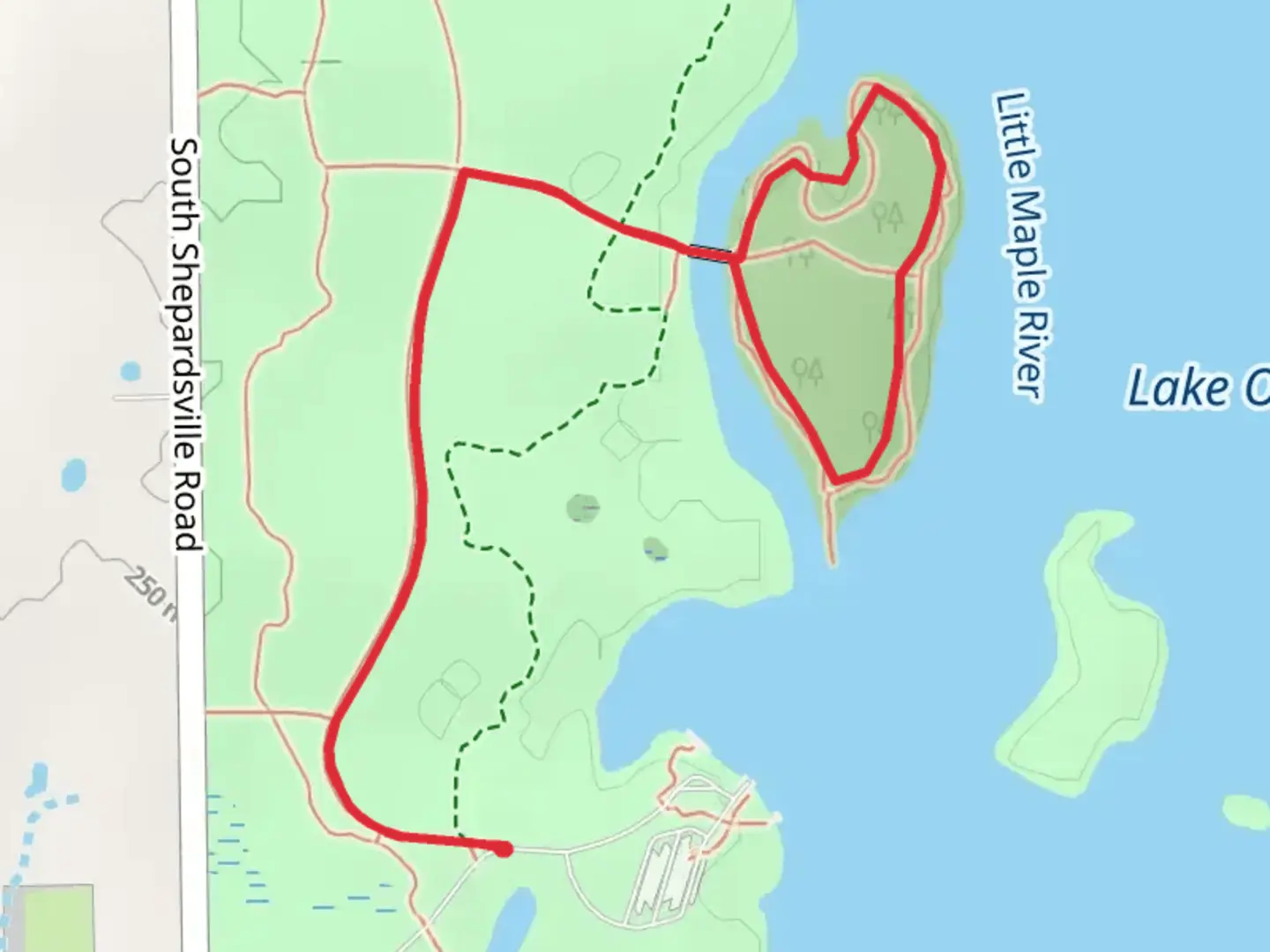 An image depicting the trail Lake Ovid Westside Loop and its surrounding area.
