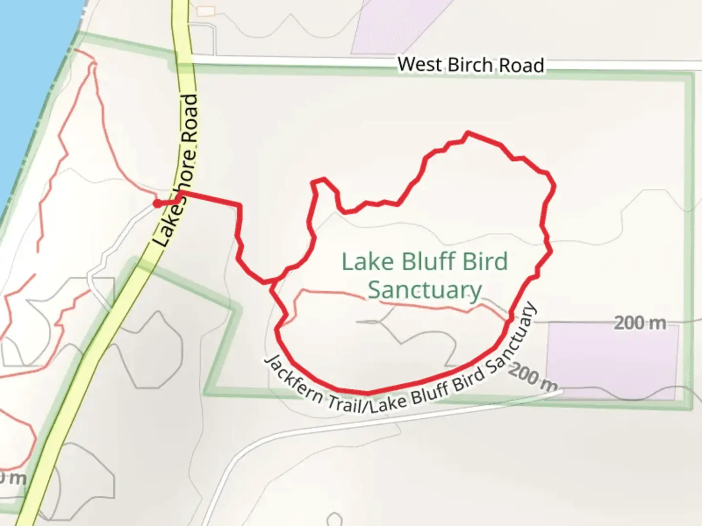 An image depicting the trail Jackfern and Lake Bluff Bird Sanctuary Loop and its surrounding area.