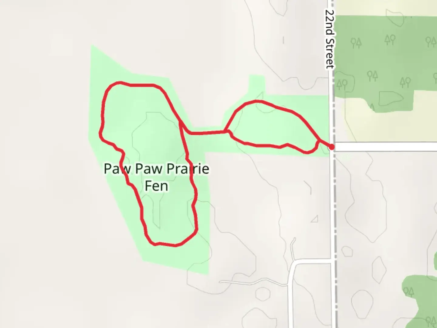 An image depicting the trail Paw-Paw Prairie Fen Loop and its surrounding area.